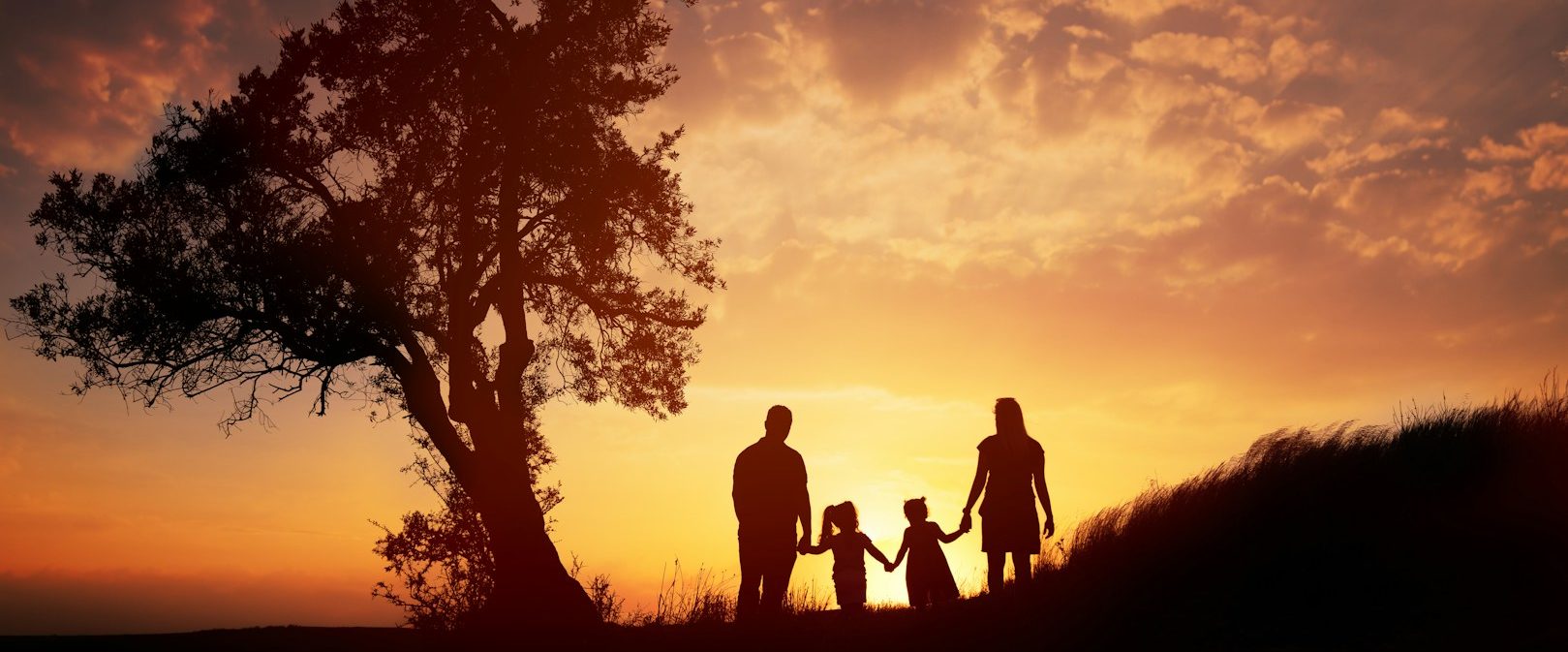 Systemische Familienberatung in Oldenburg Familie mit zwei Kindern bei Sonnenuntergang, silhouettiert vor einem Baum.